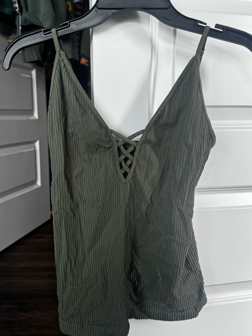 Free People Olive Green Ribbed V-Neck Camisole with Lattice Detail
